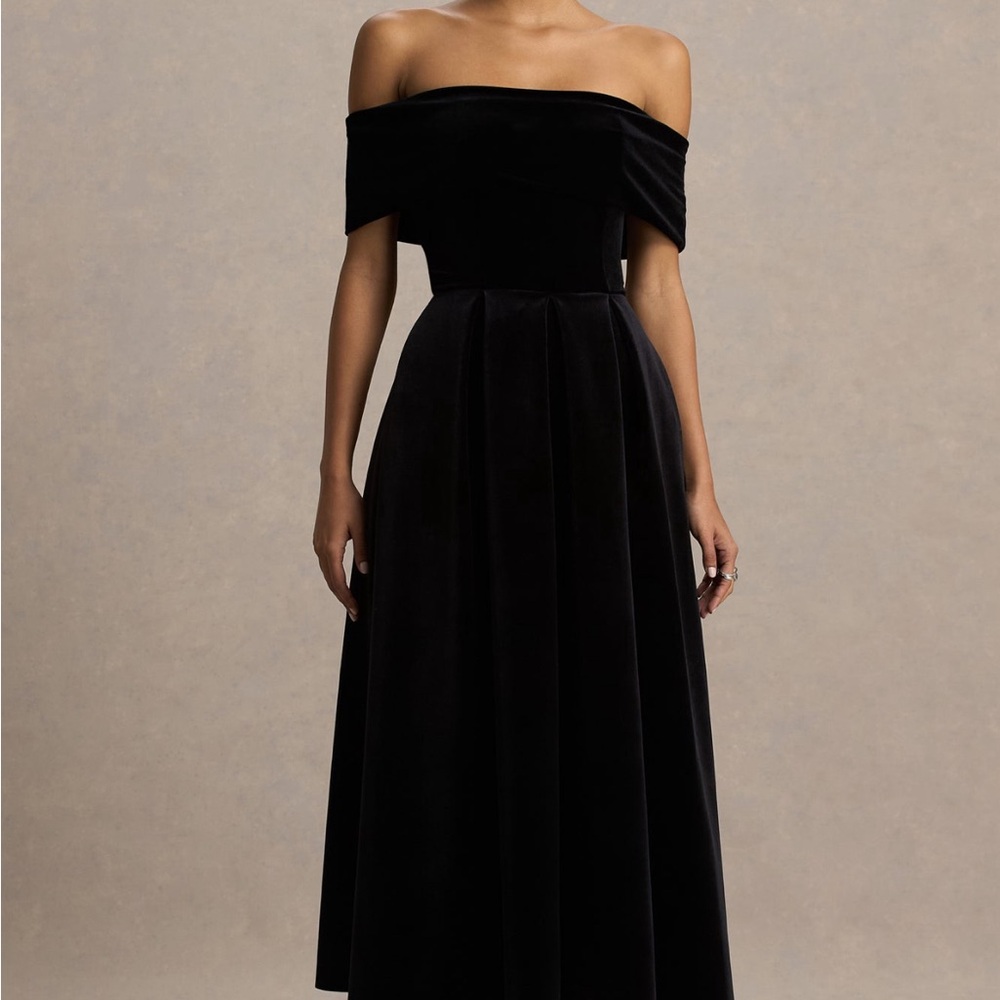 Club L London Black Strapless Dress Ablaze Black Velvet Bardot-Neck Midi Dress